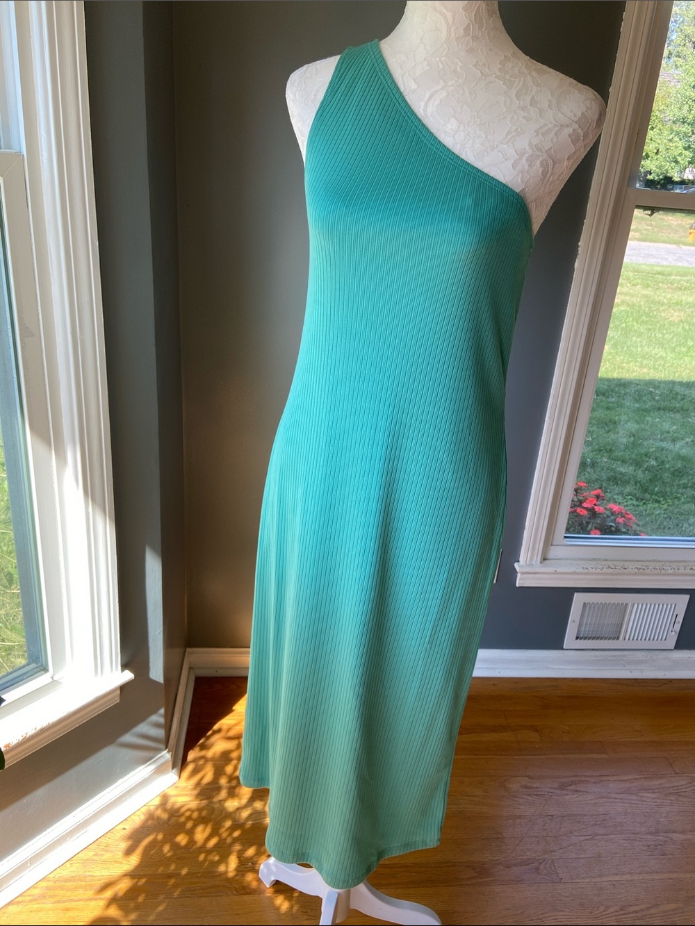 NWT GAP One-Shoulder Ribbed Midi Dress, Teal Green